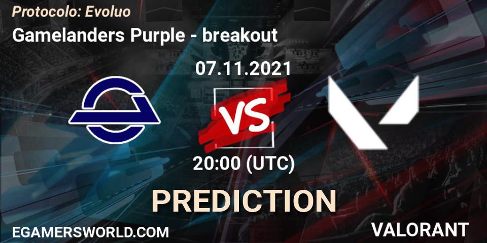 Gamelanders Purple vs breakout: Match Prediction. 07.11.2021 at 20:00, VALORANT, Protocolo: Evolução