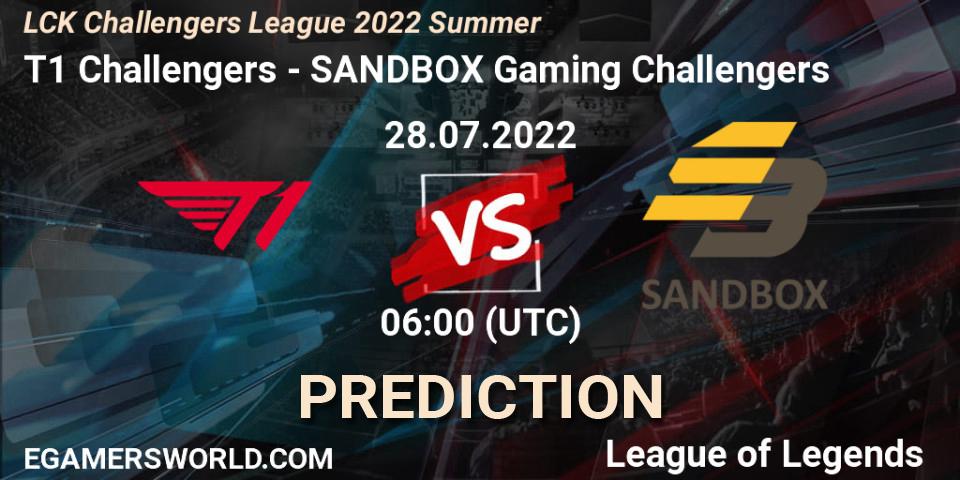 T1 Challengers vs SANDBOX Gaming Challengers: Match Prediction. 28.07.2022 at 06:00, LoL, LCK Challengers League 2022 Summer