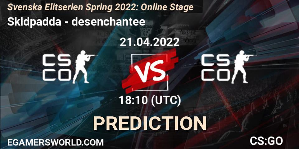 Sköldpadda vs desenchantee: Match Prediction. 21.04.2022 at 18:10, Counter-Strike (CS2), Svenska Elitserien Spring 2022: Online Stage