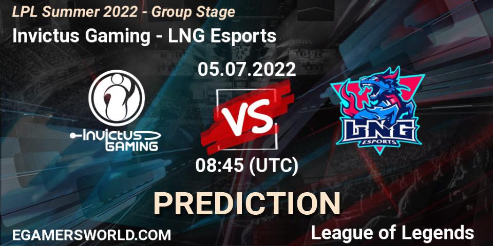 Invictus Gaming vs LNG Esports: Match Prediction. 05.07.2022 at 08:45, LoL, LPL Summer 2022 - Group Stage