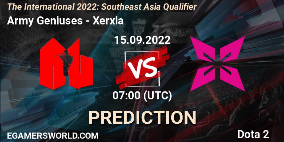 Army Geniuses vs Xerxia: Match Prediction. 15.09.2022 at 06:24, Dota 2, The International 2022: Southeast Asia Qualifier