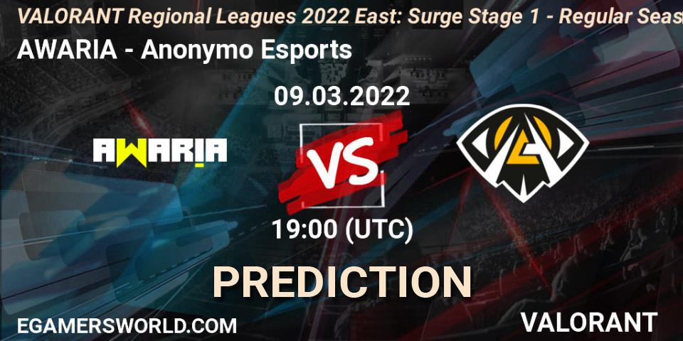AWARIA vs Anonymo Esports: Match Prediction. 09.03.2022 at 19:00, VALORANT, VALORANT Regional Leagues 2022 East: Surge Stage 1 - Regular Season