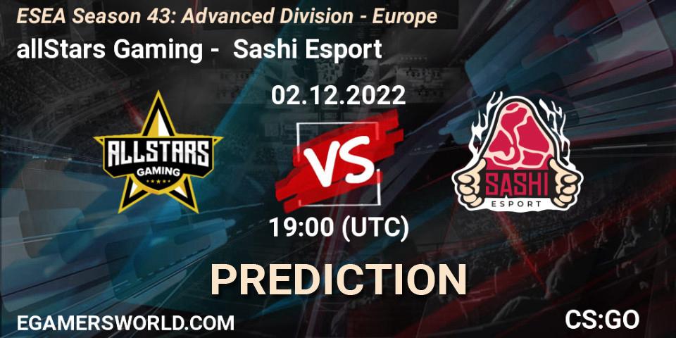 allStars Gaming vs Sashi Esport: Match Prediction. 02.12.22, CS2 (CS:GO), ESEA Season 43: Advanced Division - Europe