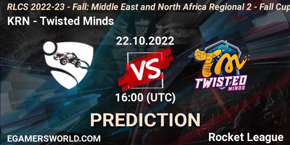 KRN vs Twisted Minds: Match Prediction. 22.10.2022 at 16:00, Rocket League, RLCS 2022-23 - Fall: Middle East and North Africa Regional 2 - Fall Cup