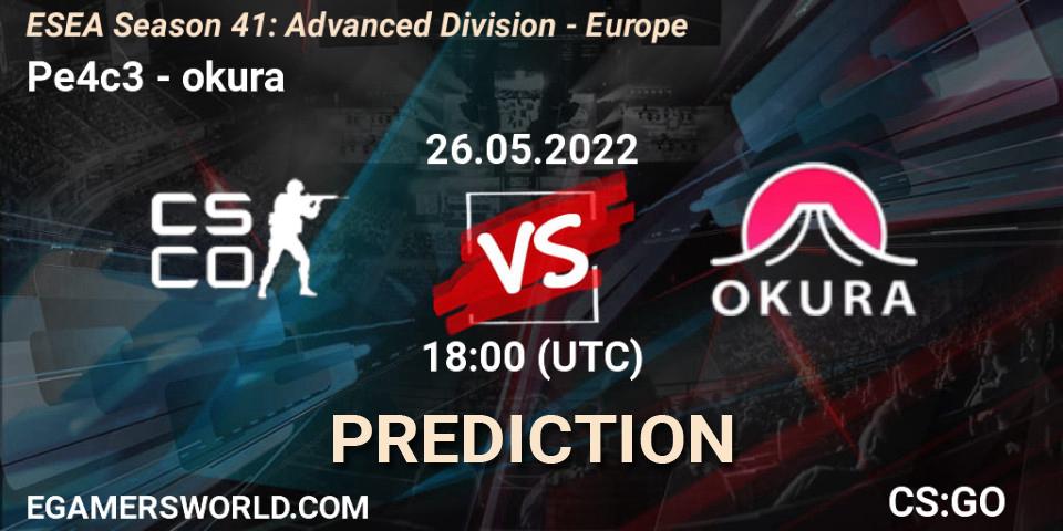Pe4c3 vs okura: Match Prediction. 26.05.2022 at 18:00, Counter-Strike (CS2), ESEA Season 41: Advanced Division - Europe