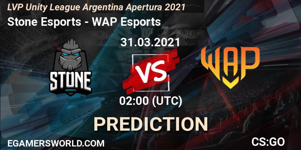 Stone Esports vs WAP Esports: Match Prediction. 31.03.2021 at 02:00, Counter-Strike (CS2), LVP Unity League Argentina Apertura 2021