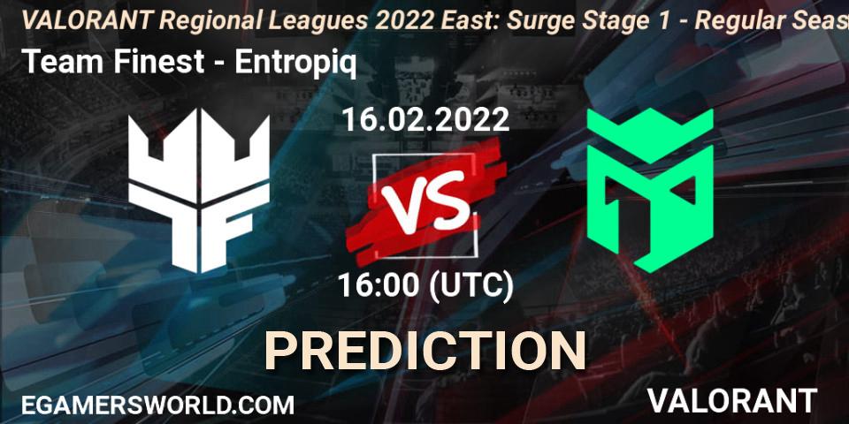 Team Finest vs Entropiq: Match Prediction. 16.02.2022 at 16:00, VALORANT, VALORANT Regional Leagues 2022 East: Surge Stage 1 - Regular Season