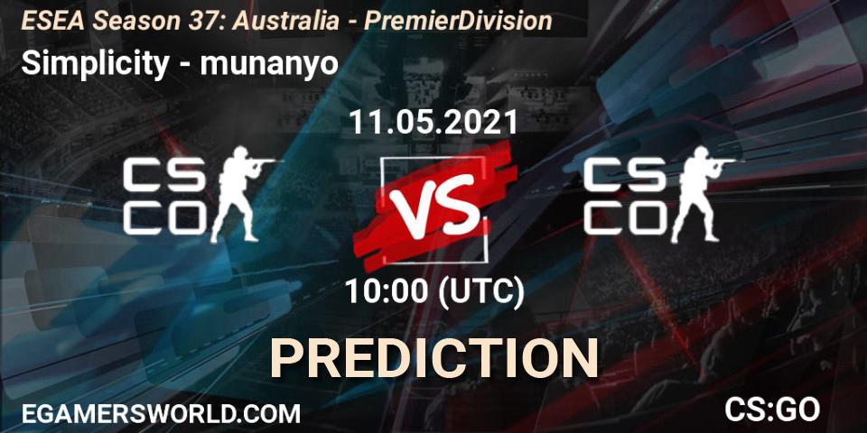 Simplicity vs munanyo: Match Prediction. 11.05.2021 at 10:00, Counter-Strike (CS2), ESEA Season 37: Australia - Premier Division