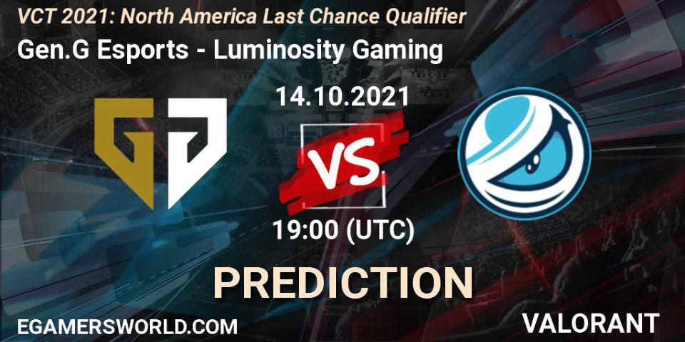 Gen.G Esports vs Luminosity Gaming: Match Prediction. 28.10.2021 at 21:50, VALORANT, VCT 2021: North America Last Chance Qualifier