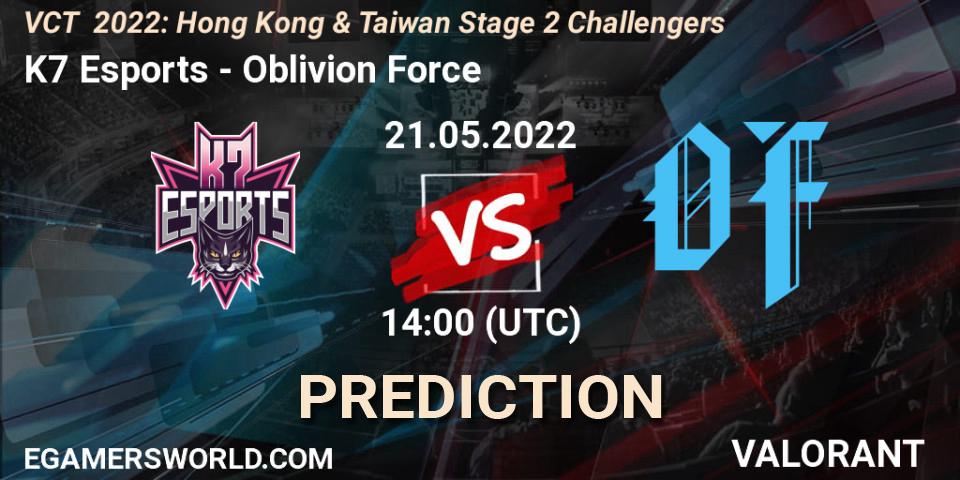K7 Esports vs Oblivion Force: Match Prediction. 21.05.2022 at 14:40, VALORANT, VCT 2022: Hong Kong & Taiwan Stage 2 Challengers