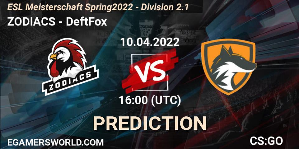 ZODIACS vs DeftFox: Match Prediction. 10.04.22, CS2 (CS:GO), ESL Meisterschaft Spring 2022 - Division 2.1