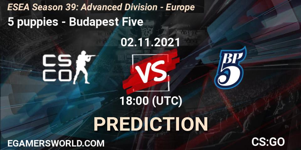 5 puppies vs Budapest Five: Match Prediction. 02.11.2021 at 18:00, Counter-Strike (CS2), ESEA Season 39: Advanced Division - Europe