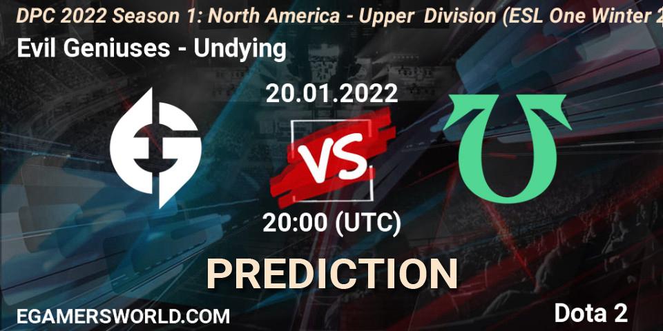 Evil Geniuses vs Undying: Match Prediction. 20.01.22, Dota 2, DPC 2022 Season 1: North America - Upper Division (ESL One Winter 2021)