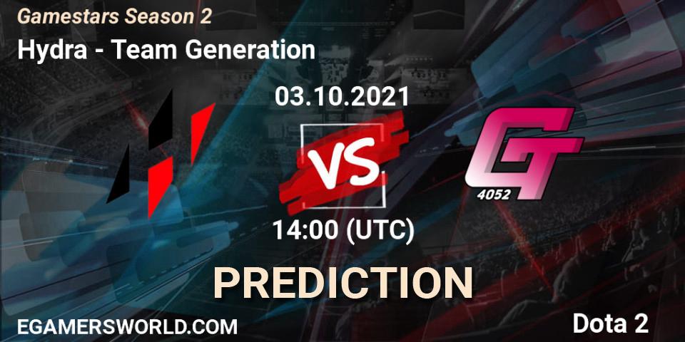 Hydra vs Team Generation: Match Prediction. 03.10.2021 at 14:09, Dota 2, Gamestars Season 2