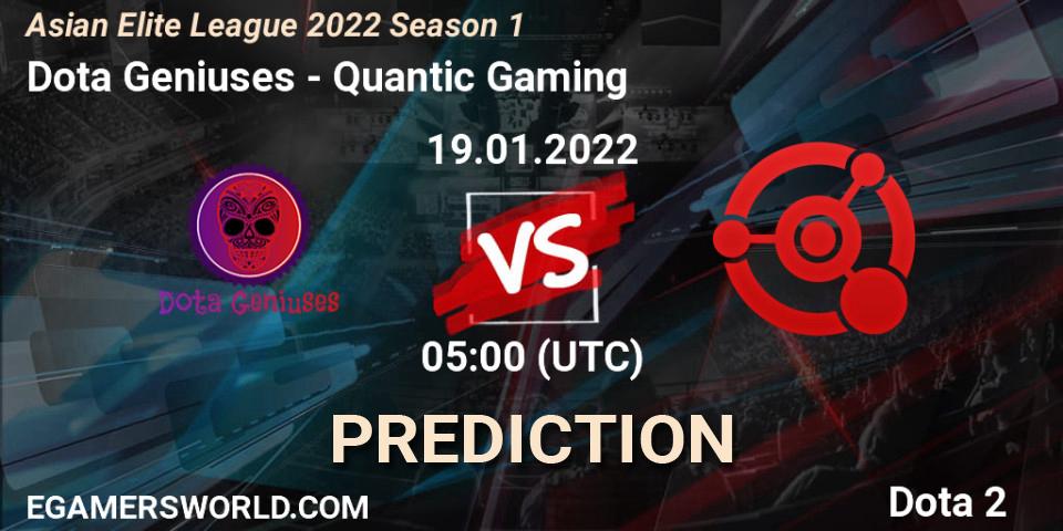 Dota Geniuses vs Quantic Gaming: Match Prediction. 19.01.2022 at 06:59, Dota 2, Asian Elite League 2022 Season 1