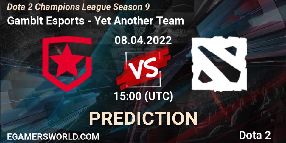 Gambit Esports vs Yet Another Team: Match Prediction. 08.04.2022 at 15:25, Dota 2, Dota 2 Champions League Season 9