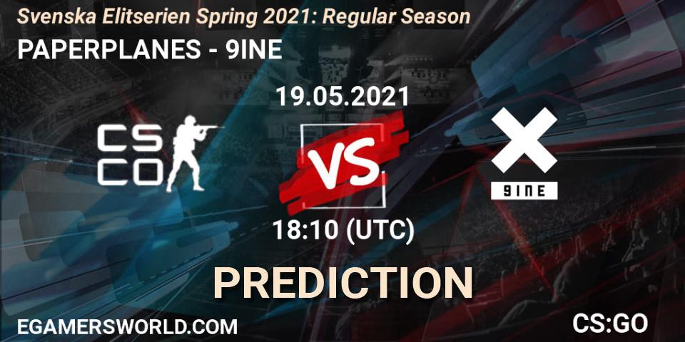 PAPERPLANES vs 9INE: Match Prediction. 19.05.2021 at 18:10, Counter-Strike (CS2), Svenska Elitserien Spring 2021: Regular Season
