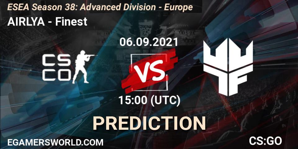 AIRLYA vs Finest: Match Prediction. 06.09.2021 at 15:00, Counter-Strike (CS2), ESEA Season 38: Advanced Division - Europe