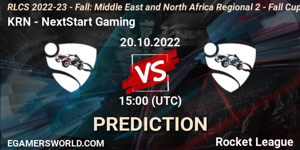 KRN vs NextStart Gaming: Match Prediction. 20.10.2022 at 15:00, Rocket League, RLCS 2022-23 - Fall: Middle East and North Africa Regional 2 - Fall Cup