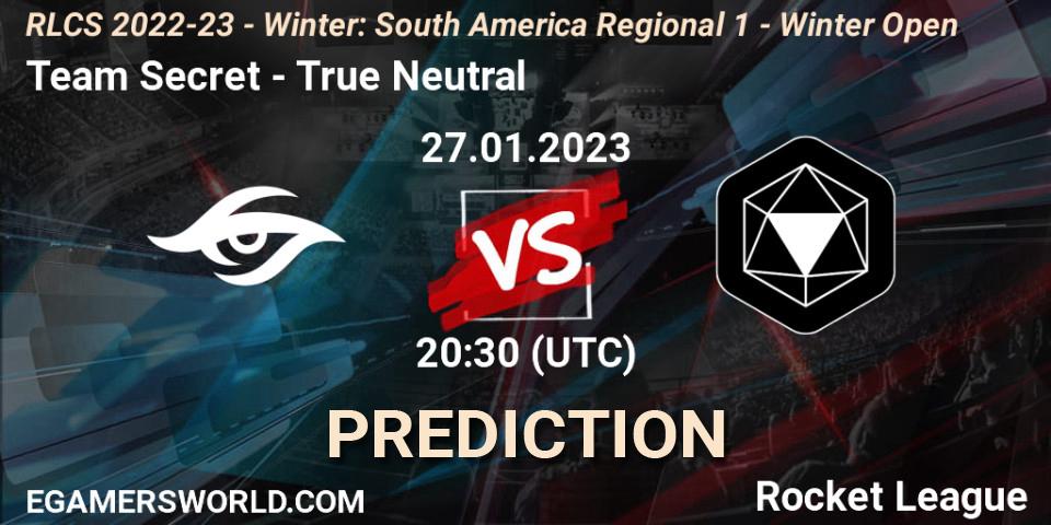 Team Secret vs True Neutral: Match Prediction. 27.01.2023 at 20:30, Rocket League, RLCS 2022-23 - Winter: South America Regional 1 - Winter Open