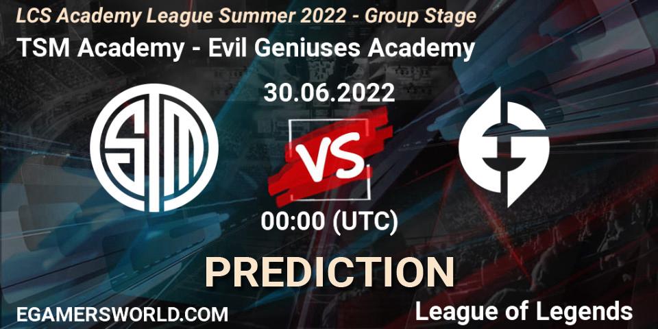 TSM Academy vs Evil Geniuses Academy: Match Prediction. 30.06.2022 at 00:00, LoL, LCS Academy League Summer 2022 - Group Stage