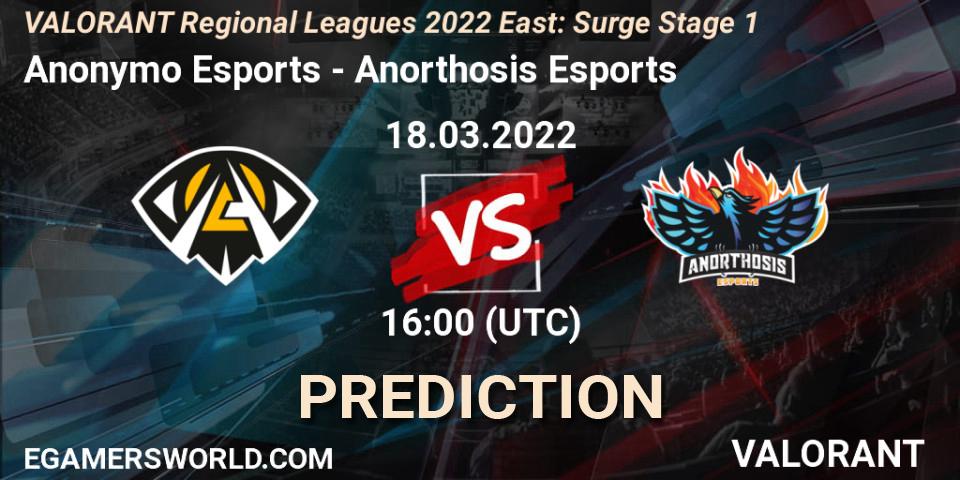 Anonymo Esports vs Anorthosis Esports: Match Prediction. 18.03.2022 at 16:00, VALORANT, VALORANT Regional Leagues 2022 East: Surge Stage 1