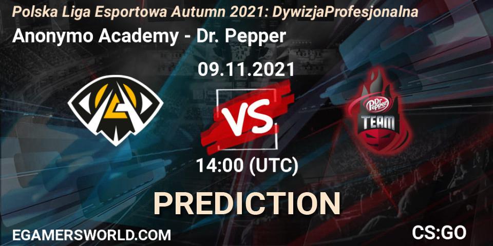 Anonymo Academy vs Dr. Pepper: Match Prediction. 09.11.2021 at 20:20, Counter-Strike (CS2), Polska Liga Esportowa Autumn 2021: Dywizja Profesjonalna