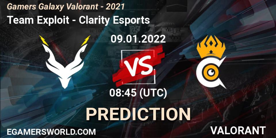 Team Exploit vs Clarity Esports: Match Prediction. 09.01.2022 at 08:45, VALORANT, Gamers Galaxy Valorant - 2021