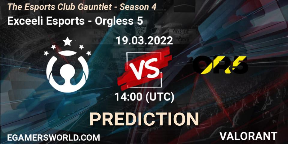 Exceeli Esports vs Orgless 5: Match Prediction. 20.03.2022 at 14:00, VALORANT, The Esports Club Gauntlet - Season 4