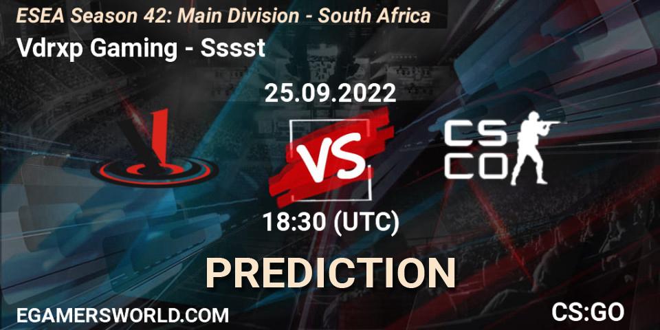 Vdrxp Gaming vs Sssst: Match Prediction. 25.09.22, CS2 (CS:GO), ESEA Season 42: Main Division - South Africa