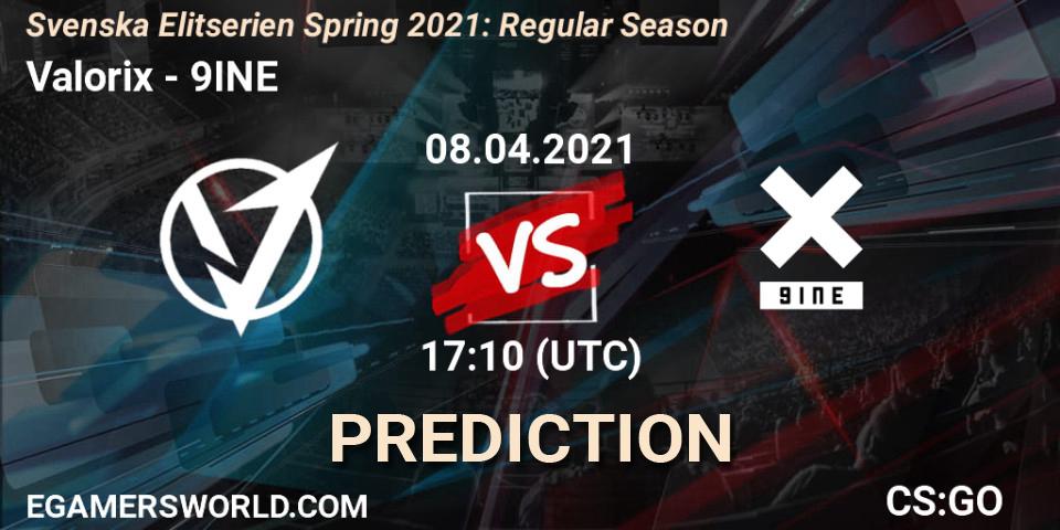Valorix vs 9INE: Match Prediction. 08.04.2021 at 17:10, Counter-Strike (CS2), Svenska Elitserien Spring 2021: Regular Season