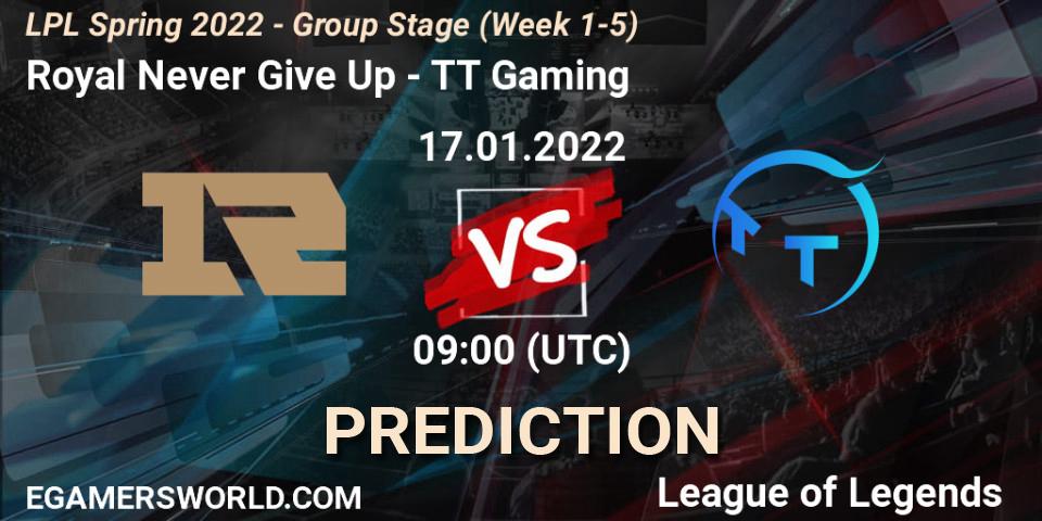 Royal Never Give Up vs TT Gaming: Match Prediction. 17.01.2022 at 09:00, LoL, LPL Spring 2022 - Group Stage (Week 1-5)