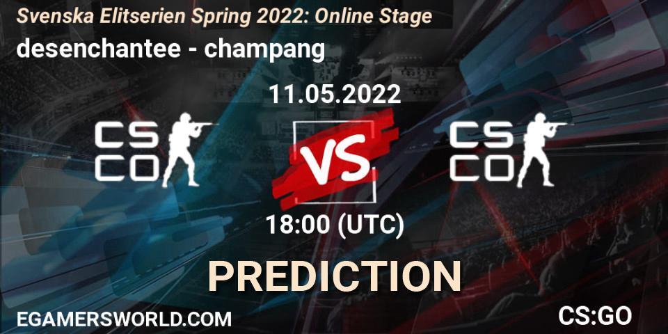 desenchantee vs champang: Match Prediction. 11.05.2022 at 18:00, Counter-Strike (CS2), Svenska Elitserien Spring 2022: Online Stage
