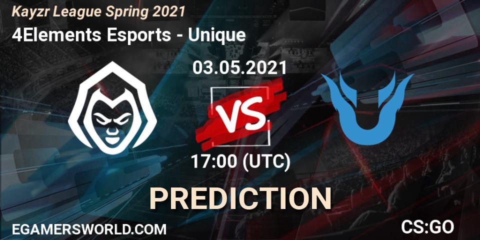 4Elements Esports vs Unique: Match Prediction. 03.05.2021 at 17:00, Counter-Strike (CS2), Kayzr League Spring 2021
