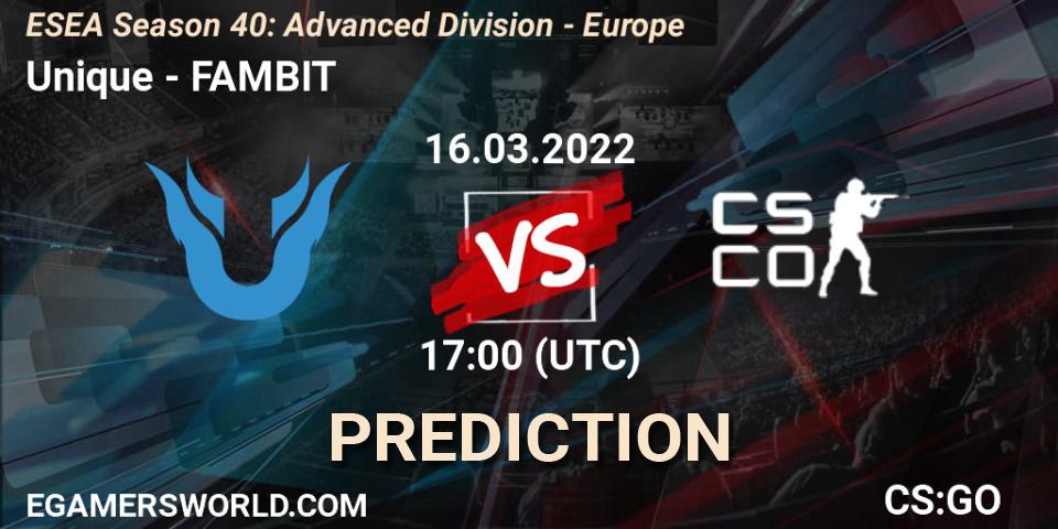 Unique vs FAMBIT: Match Prediction. 16.03.22, CS2 (CS:GO), ESEA Season 40: Advanced Division - Europe