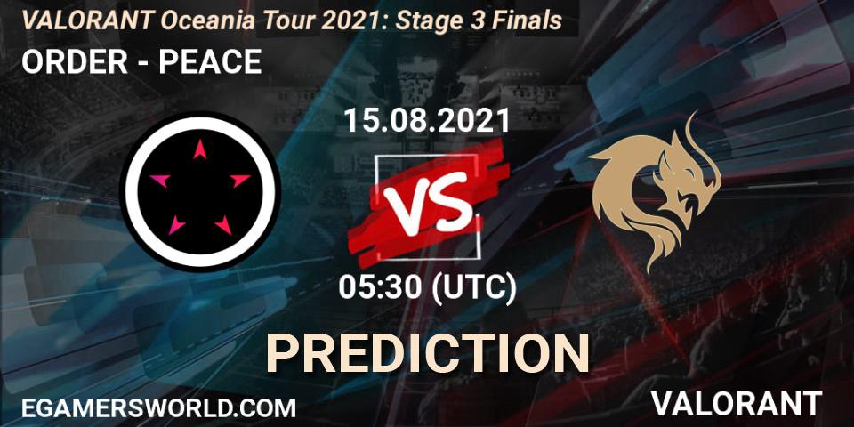 ORDER vs PEACE: Match Prediction. 15.08.2021 at 05:30, VALORANT, VALORANT Oceania Tour 2021: Stage 3 Finals