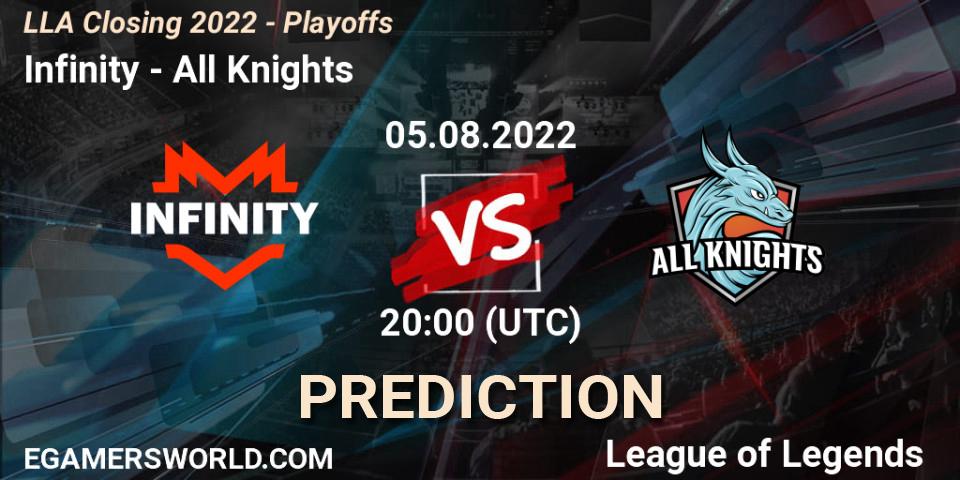 Infinity vs All Knights: Match Prediction. 05.08.2022 at 20:00, LoL, LLA Closing 2022 - Playoffs