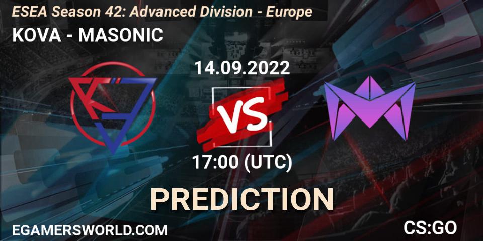 KOVA vs MASONIC: Match Prediction. 14.09.22, CS2 (CS:GO), ESEA Season 42: Advanced Division - Europe