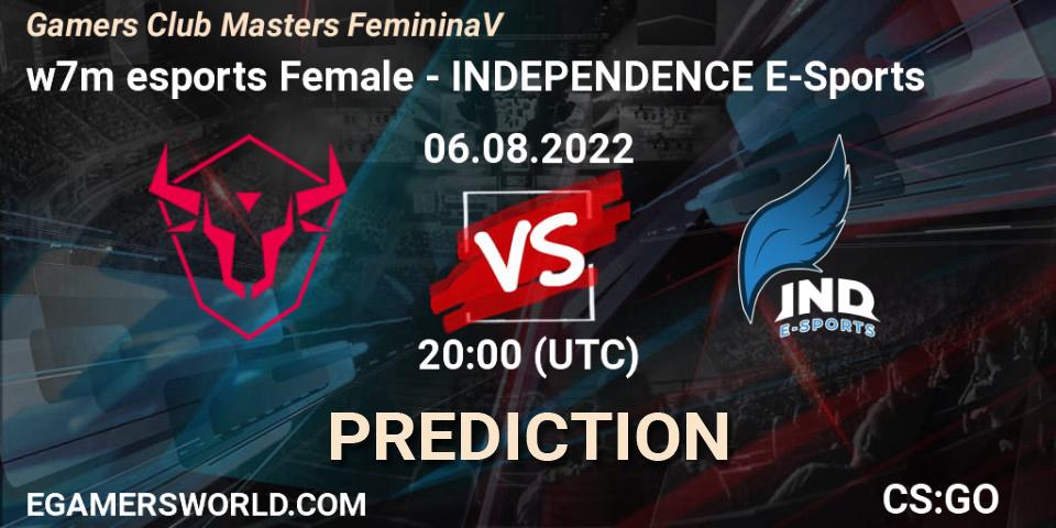 w7m esports Female vs INDEPENDENCE E-Sports: Match Prediction. 06.08.2022 at 20:00, Counter-Strike (CS2), Gamers Club Masters Feminina V