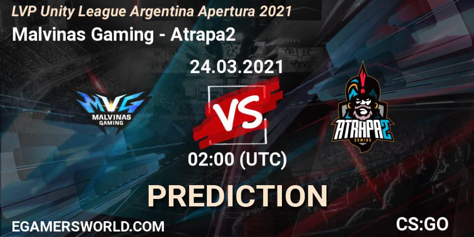 Malvinas Gaming vs Atrapa2: Match Prediction. 24.03.2021 at 02:00, Counter-Strike (CS2), LVP Unity League Argentina Apertura 2021