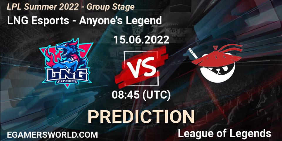 LNG Esports vs Anyone's Legend: Match Prediction. 15.06.2022 at 09:00, LoL, LPL Summer 2022 - Group Stage