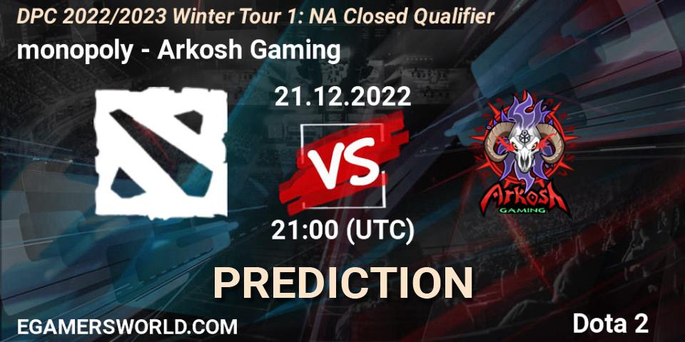 monopoly vs Arkosh Gaming: Match Prediction. 21.12.2022 at 21:00, Dota 2, DPC 2022/2023 Winter Tour 1: NA Closed Qualifier