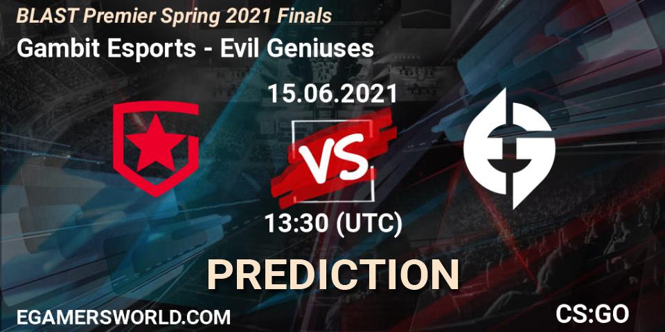 Gambit Esports vs Evil Geniuses: Match Prediction. 15.06.2021 at 13:30, Counter-Strike (CS2), BLAST Premier Spring 2021 Finals