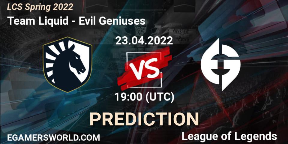 Team Liquid vs Evil Geniuses: Match Prediction. 23.04.2022 at 19:00, LoL, LCS Spring 2022