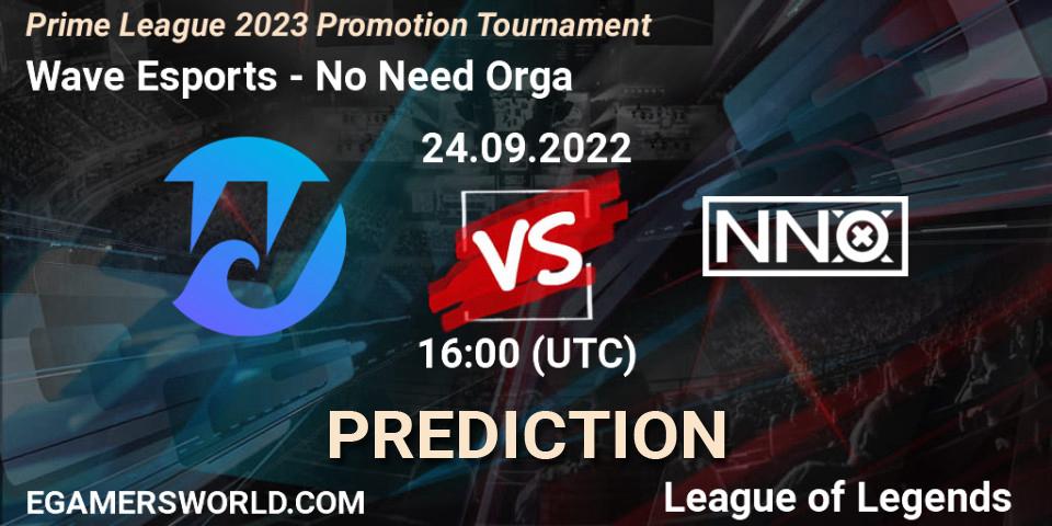 Wave Esports vs No Need Orga: Match Prediction. 24.09.2022 at 16:00, LoL, Prime League 2023 Promotion Tournament