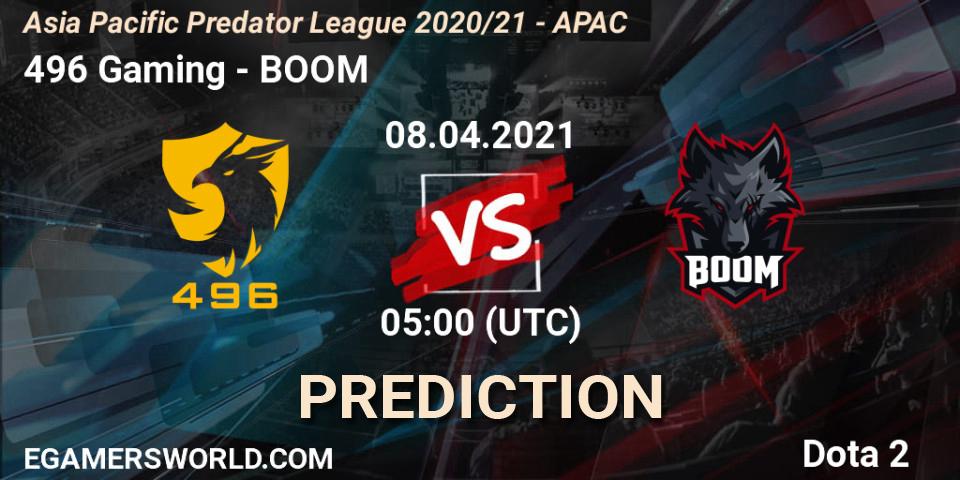 496 Gaming vs BOOM: Match Prediction. 08.04.21, Dota 2, Asia Pacific Predator League 2020/21 - APAC