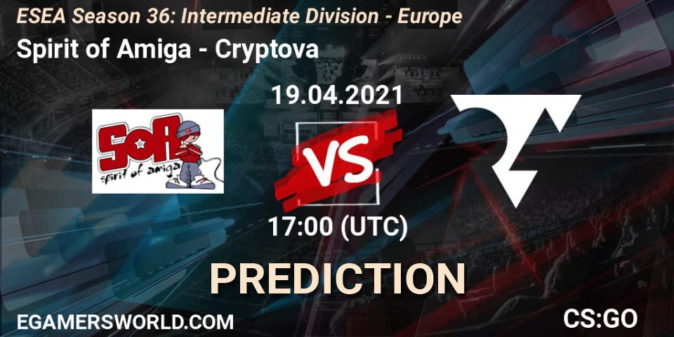Spirit of Amiga vs Cryptova: Match Prediction. 19.04.2021 at 17:00, Counter-Strike (CS2), ESEA Season 36: Intermediate Division - Europe