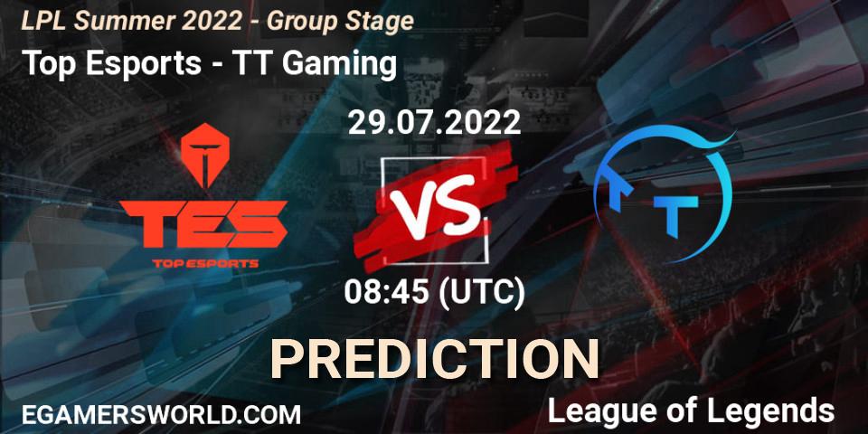 Top Esports vs TT Gaming: Match Prediction. 29.07.2022 at 09:00, LoL, LPL Summer 2022 - Group Stage