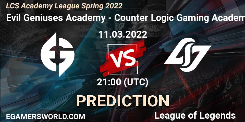 Evil Geniuses Academy vs Counter Logic Gaming Academy: Match Prediction. 11.03.2022 at 21:00, LoL, LCS Academy League Spring 2022