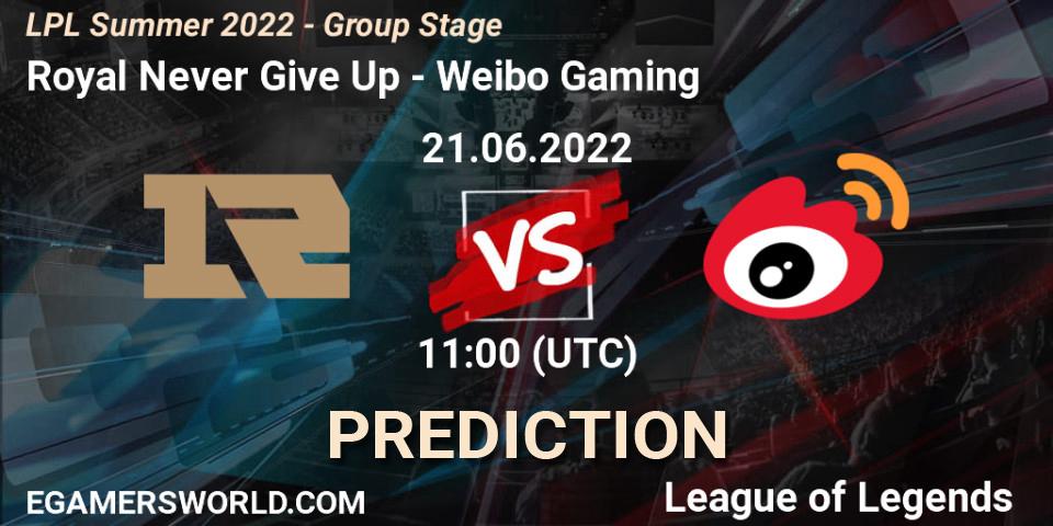 Royal Never Give Up vs Weibo Gaming: Match Prediction. 21.06.2022 at 11:00, LoL, LPL Summer 2022 - Group Stage
